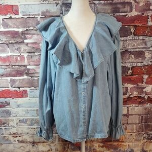 Express Chambray Denim Ruffle Blouse